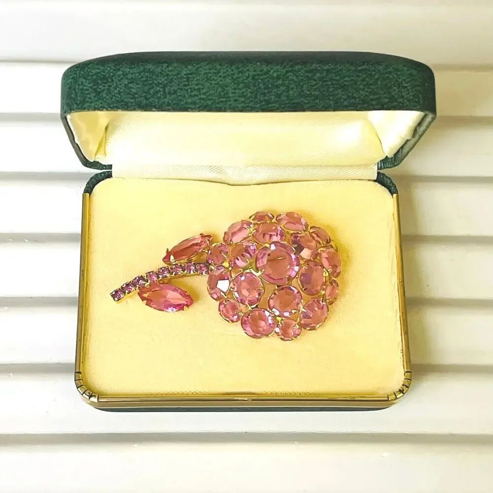 Vtg 60s Juliana DeLizza Elster Pink Rhinestone Flower Brooch Pin Original Box